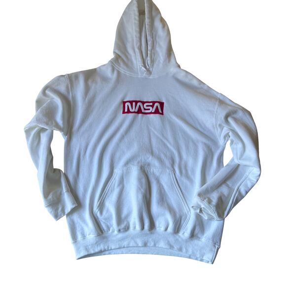 NASA Box Logo Pullover Hoodie White Unisex Relaxed Fit Streetwear - Picture 1 of 6